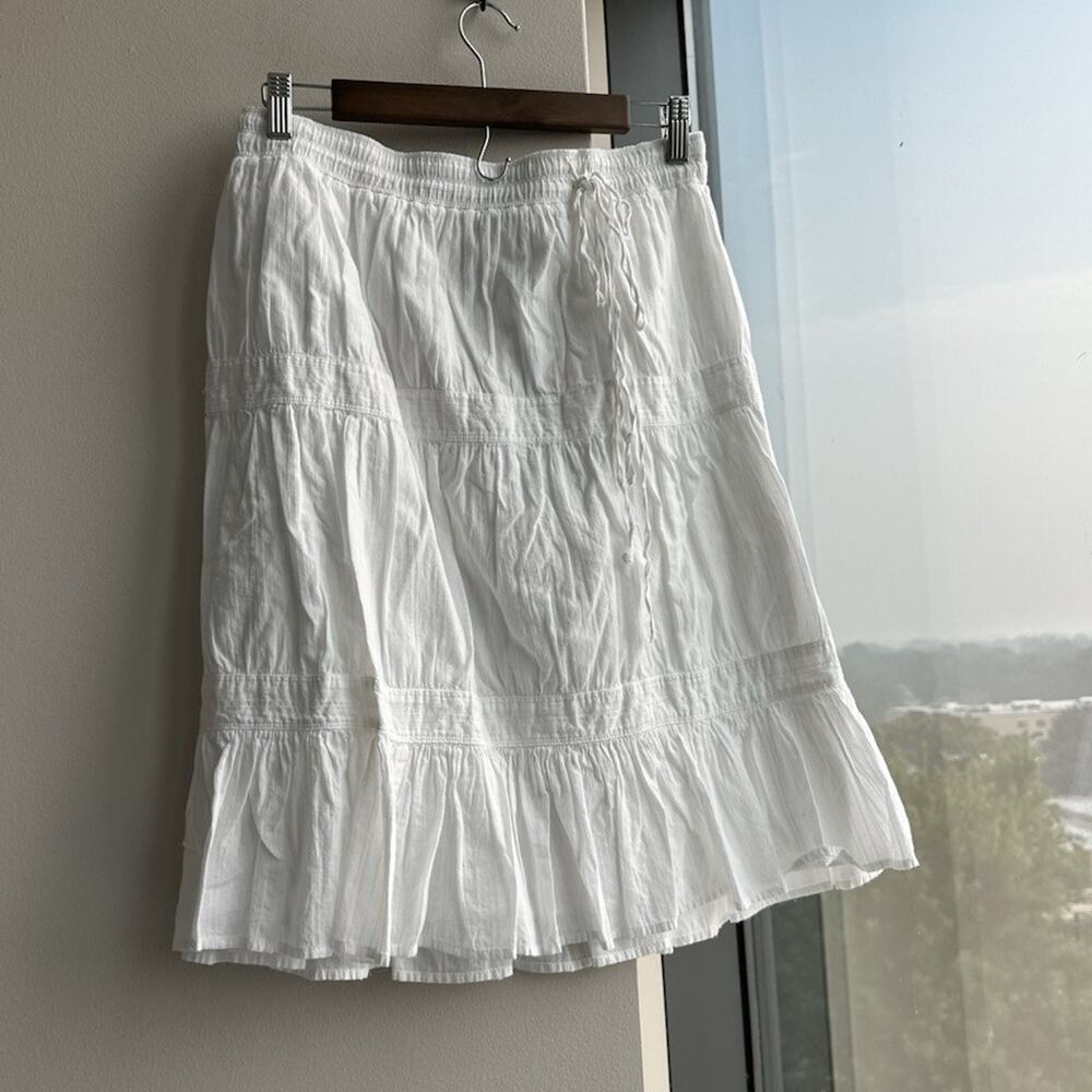 Theory White Cotton Knee A-Line Skirt Tiered Ruffle Pull On Elastic Waist P